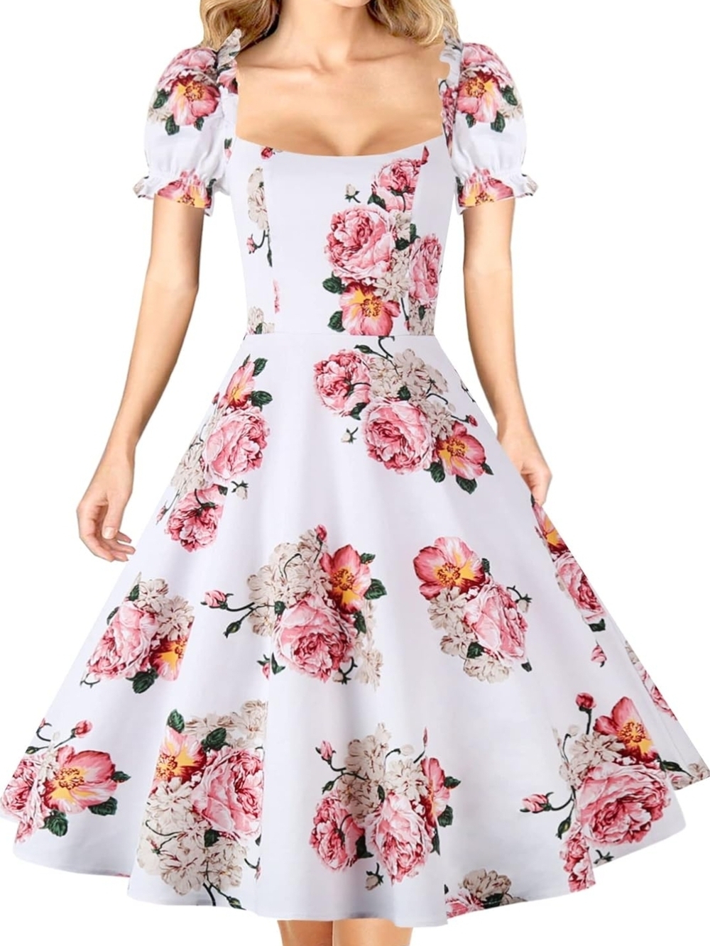 White Floral Square-Neck Midi Dress with Puff Sleeves